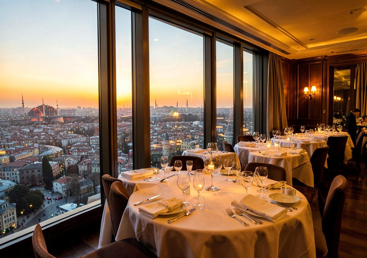 Restaurant tables beside panoramic windows overlooking Istanbul at sunset